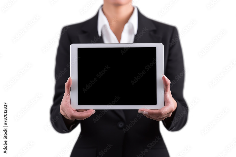 Professional woman dressed in business suit holding tablet computer. Suitable for use in corporate, technology, and communication-related projects Professional woman dressed in business suit holding tablet computer. Suitable for use in corporate, technology, and communication-related projects