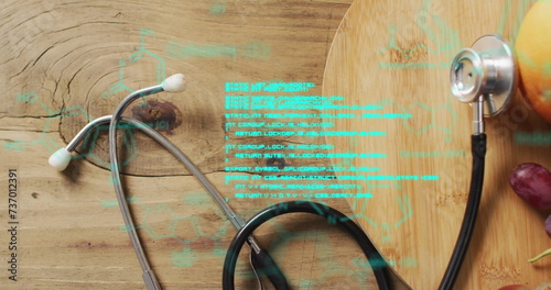 Image of data processing over stethoscope and fruit
