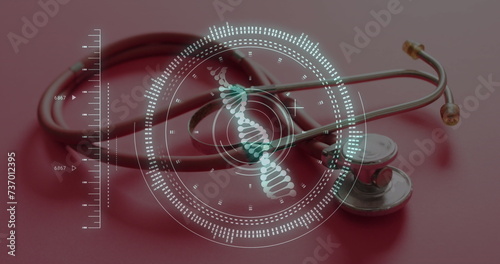 Image of dna strand and scope scanning over stethoscope