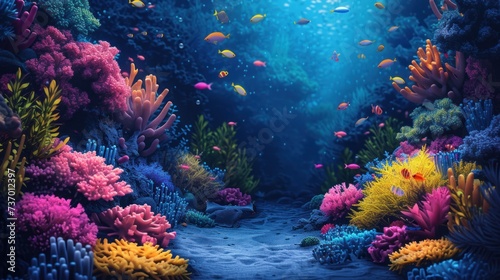 Vibrant underwater seascape with tropical fish swimming around a sunlit coral reef  showcasing marine biodiversity.