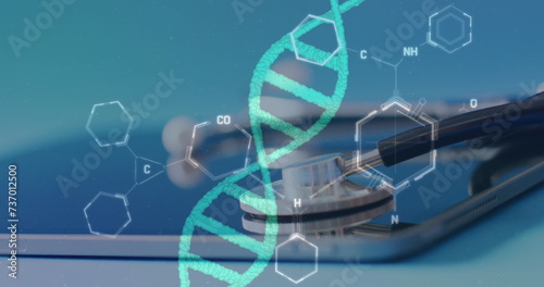 Image of chemical structures and dna strand over stethoscope and tablet