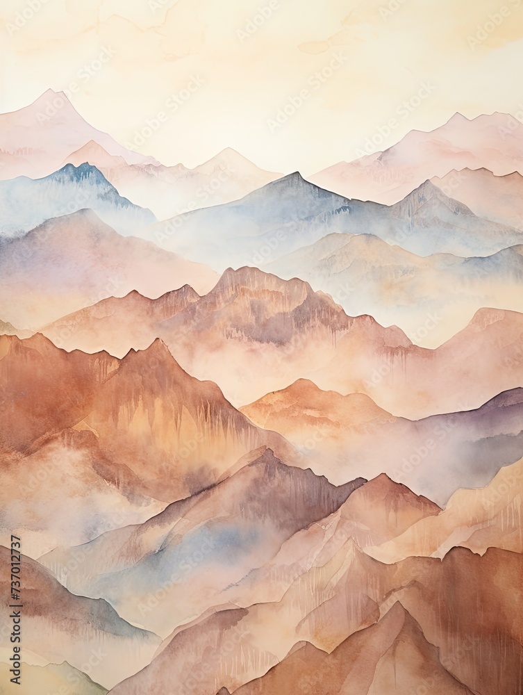 Muted Watercolor Mountain Ranges: Vintage Painting of Timeless Mountainscape