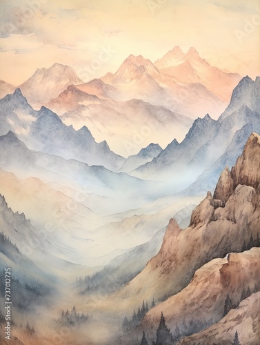 Vintage Mountain Vistas: A Serene Watercolor Depiction of Muted Mountain Ranges