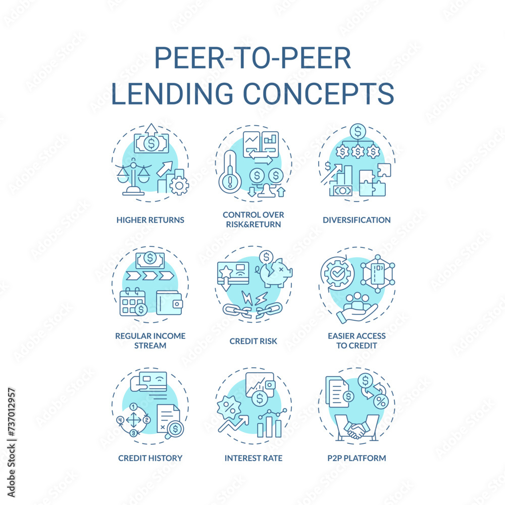 Peer-to-peer lending soft blue concept icons. Borrowing and lending money. Investment. Connecting borrowers with investors. Icon pack. Vector images. Round shape illustrations. Abstract idea Peer-to-peer lending soft blue concept icons. Borrowing and lending money. Investment. Connecting borrowers with investors. Icon pack. Vector images. Round shape illustrations. Abstract idea