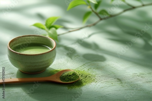 A cup of matcha green tea and matcha powder with a matcha green tea maker on a simple background.