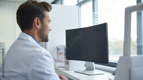 Rear view of a doctor looking at a computer screen in a clinic room