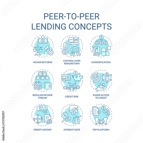 Peer-to-peer lending soft blue concept icons. Borrowing and lending money. Investment. Connecting borrowers with investors. Icon pack. Vector images. Round shape illustrations. Abstract idea