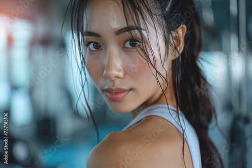 Woman with wet hair in gym. Can be used to showcase post-workout or fitness-related themes