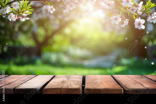 Empty rustic wooden table for mockup product display. With spring garden in background. Ai Generative