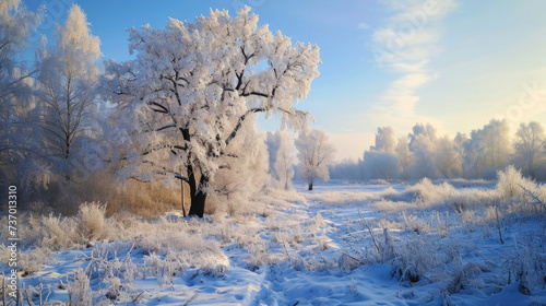 Snow covered field with tree in middle. Suitable for winter landscapes and nature themes © vefimov