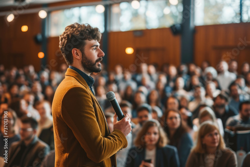 Man stands in front of crowd, confidently holding microphone. This image can be used to represent public speaking, presentations, or leading group
