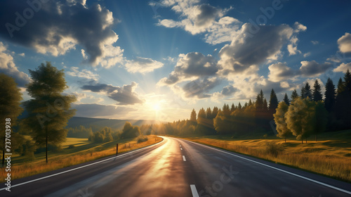 Highway road in the sunset towards the horizon with light clouds - travaling journey and achieving goals | Generative AI