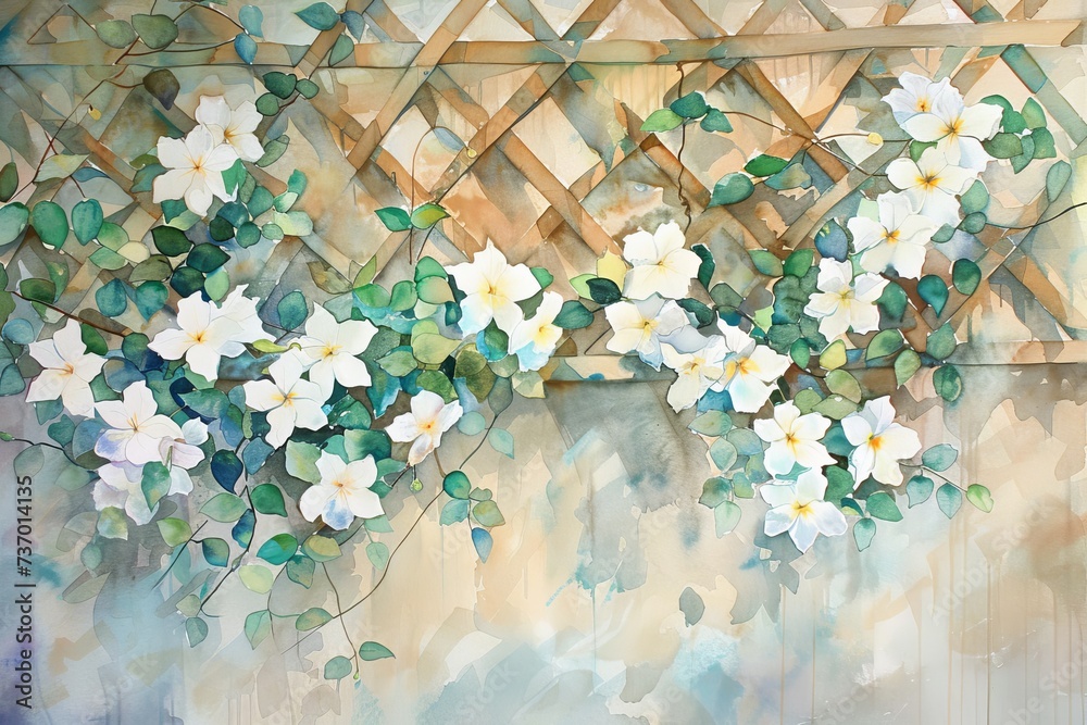 Fototapeta premium close-up view showcases the intricate beauty of the white flowers growing on the fence