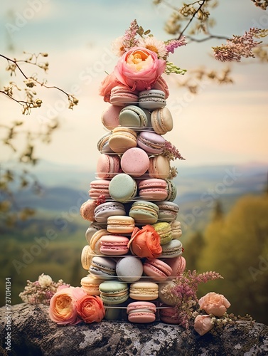 Pastel Parisian Macaron Towers: A Sweet Picnic in Nature with Delectable Sweets photo