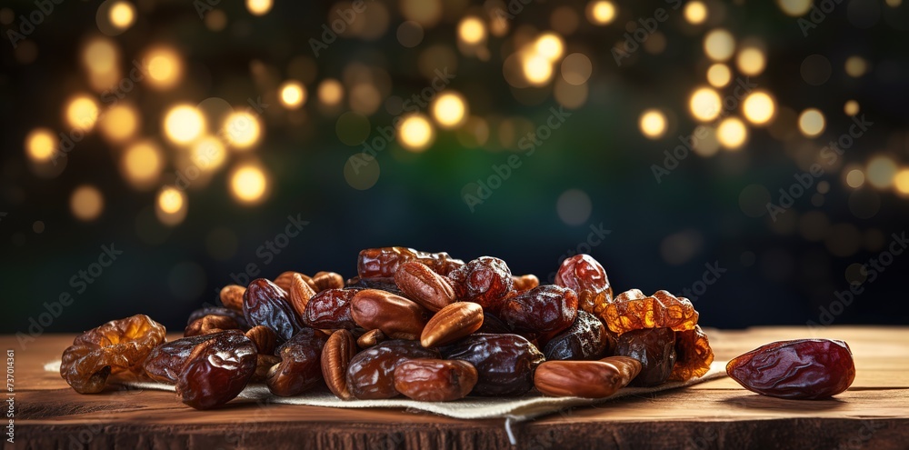 Dates on a brown wooden board, the recommended Ramadan breaking menu Dates on a brown wooden board, the recommended Ramadan breaking menu