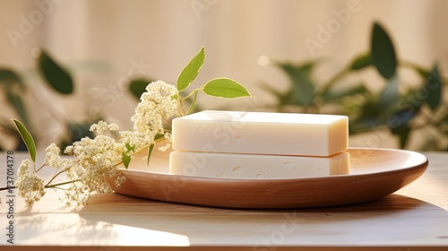 A bar of handcrafted soap remains on a dish  basked in the soft morning light that filters through a green plant  embodying natural home care.