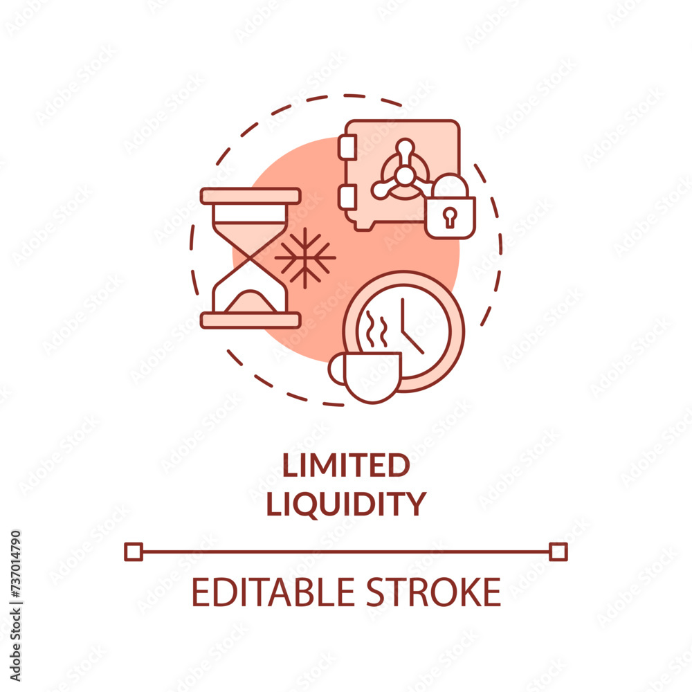 Limited liquidity red concept icon. Peer-to-peer lending. Difficult to buy, sell an asset quickly. Round shape line illustration. Abstract idea. Graphic design. Easy to use in marketing Limited liquidity red concept icon. Peer-to-peer lending. Difficult to buy, sell an asset quickly. Round shape line illustration. Abstract idea. Graphic design. Easy to use in marketing