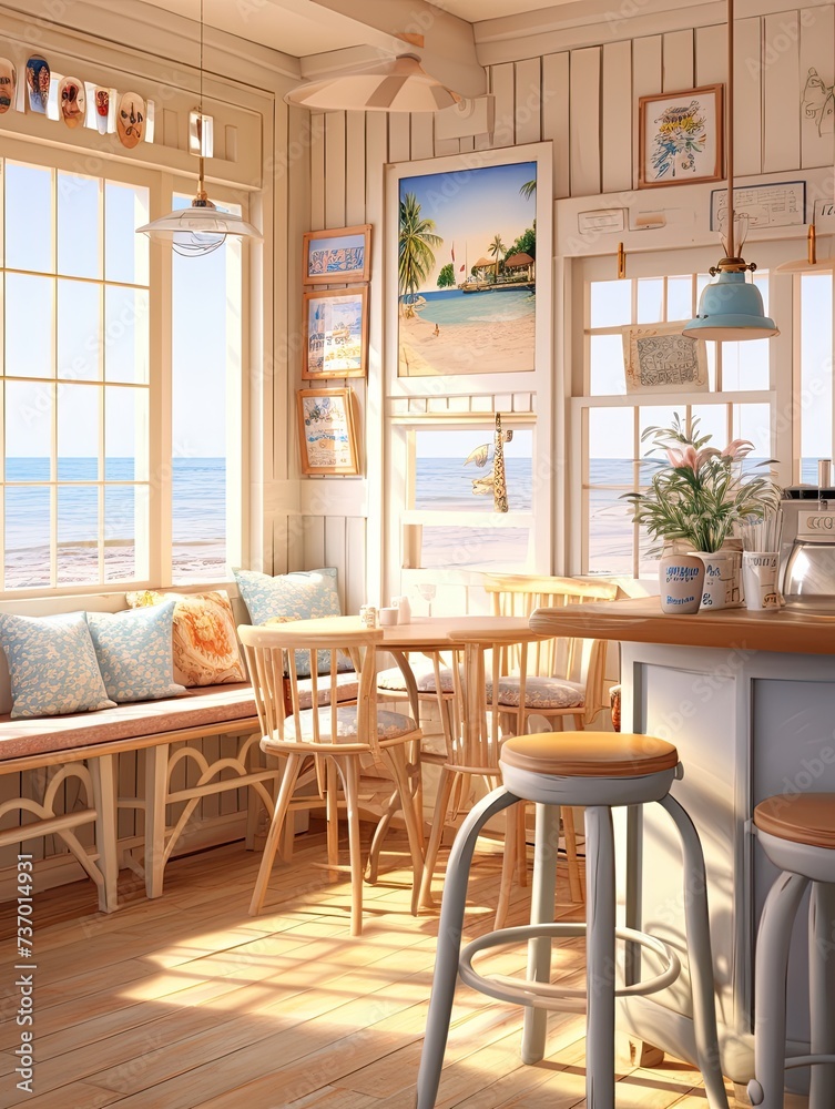 Fototapeta premium Quaint Teashop Interiors: Coastal Teashop Interior with a Serene Beach Scene