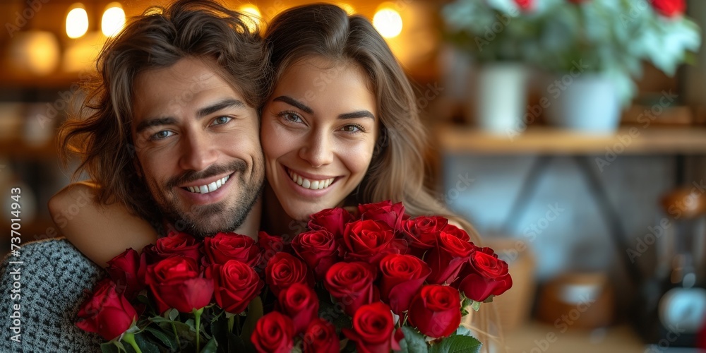 Happy couple, the man surprises his girlfriend with a bouquet of red roses radiating love and joy.