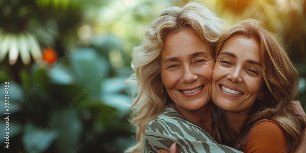 An elderly beautiful woman hugs her adult daughter in a summer park, radiating love and togetherness. - obrazy, fototapety, plakaty 