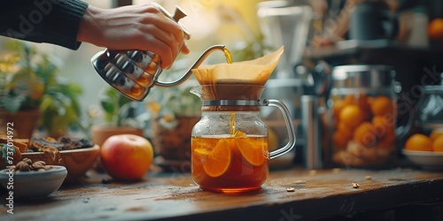 A woman prepares a refreshing homemade citrus tea by pouring boiling water over fresh oranges for a healthy and delicious morning drink. photo