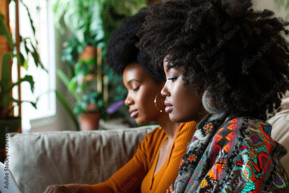 Two women sitting on couch, using laptop. Suitable for illustrating teamwork, collaboration, technology, and modern lifestyle concepts Two women sitting on couch, using laptop. Suitable for illustrating teamwork, collaboration, technology, and modern lifestyle concepts