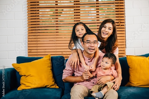In their modern home a smiling family enjoys quality time on the sofa showcasing togetherness. Parents daughters and siblings bond laugh and embrace in a heartwarming family portrait.