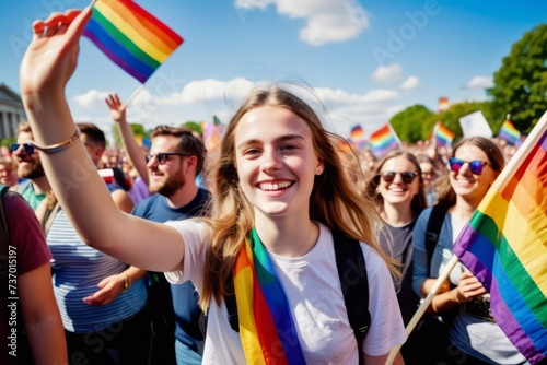 Teenage girl smiling brightly while waving large rainbow pride flag in front of crowd at equality march.