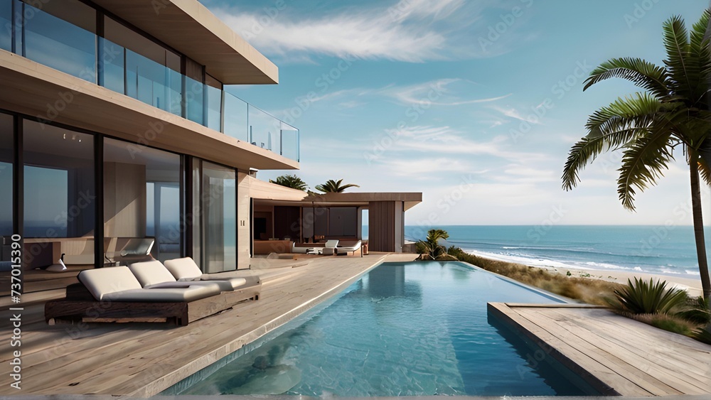 Fototapeta premium Beautiful luxury modern beach home with backyard swimming pool.