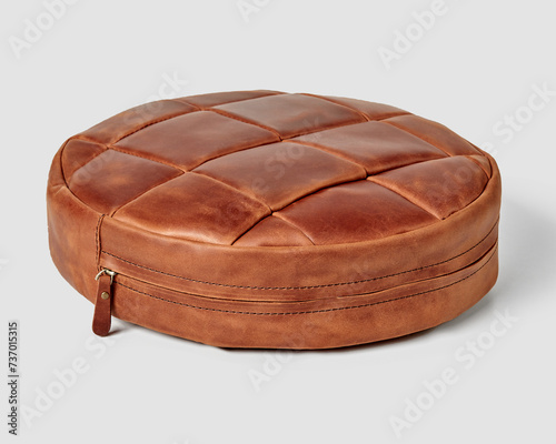 Round brown leather patchwork floor cushion with side zipper