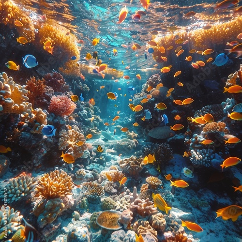 Underwater World of Coral Reef Life teeming with Colorful Fishes amidst the Intricate Beauty of Coral Formations showcasing the Diversity Vibrancy of Marine Life created with Generative AI Technology © Animals Creator