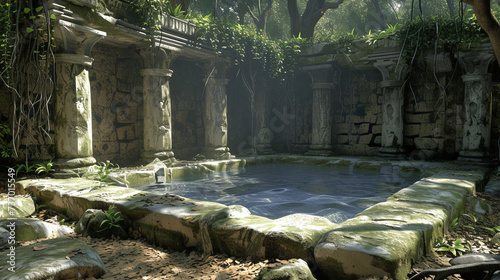 An ancient, sacred temple, shrouded in mystery and reclaimed by nature. Overgrown vines intertwine with the architecture, casting shadows on a serene water pool.