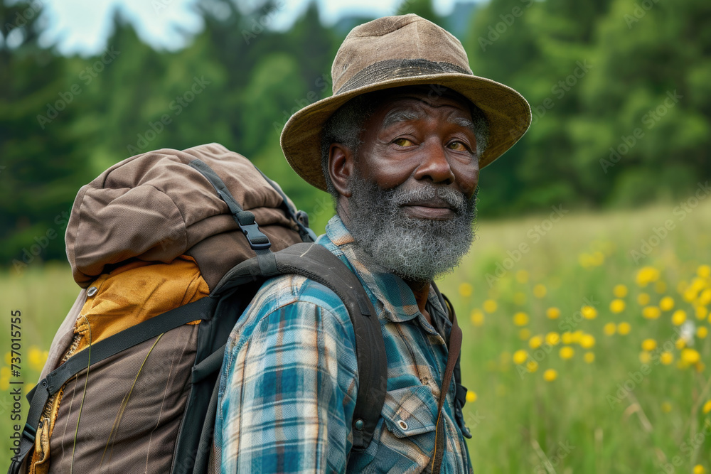 Man wearing hat and carrying backpack is standing in field. This image can be used to depict outdoor adventures or travel Man wearing hat and carrying backpack is standing in field. This image can be used to depict outdoor adventures or travel