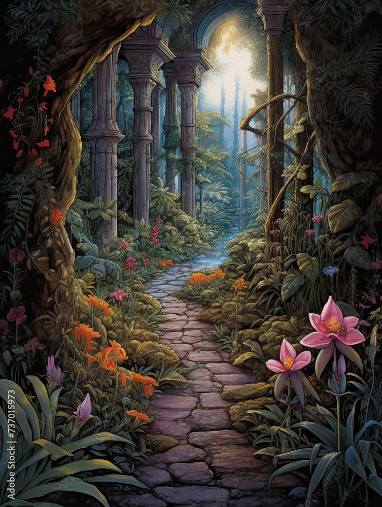Renaissance Garden Fountains: Pathway Print with Trail Leading to Fountain