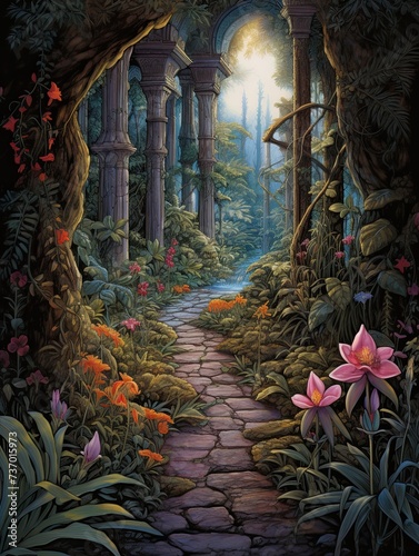 Renaissance Garden Fountains: Pathway Print with Trail Leading to Fountain