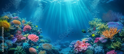 Vibrant underwater scene with colorful corals, exotic tropical fish, and marine life