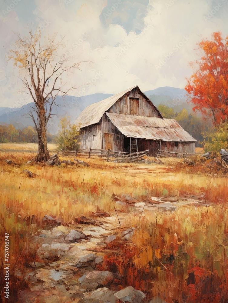 Rustic Barns in Fall Foliage: A Country Painting of Serene Autumn Scenes Rustic Barns in Fall Foliage: A Country Painting of Serene Autumn Scenes
