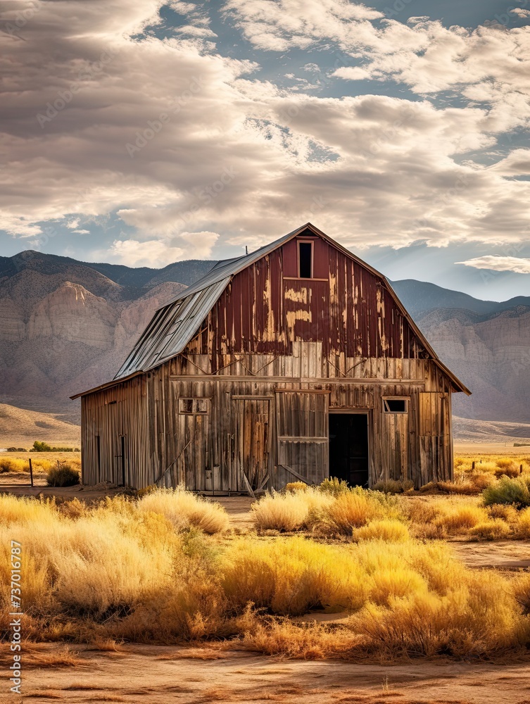 Obraz premium Rustic Barns in Arid Fall Foliage Desert: Captivating Art Depicting Barns Blending in Arid Colorful Settings.