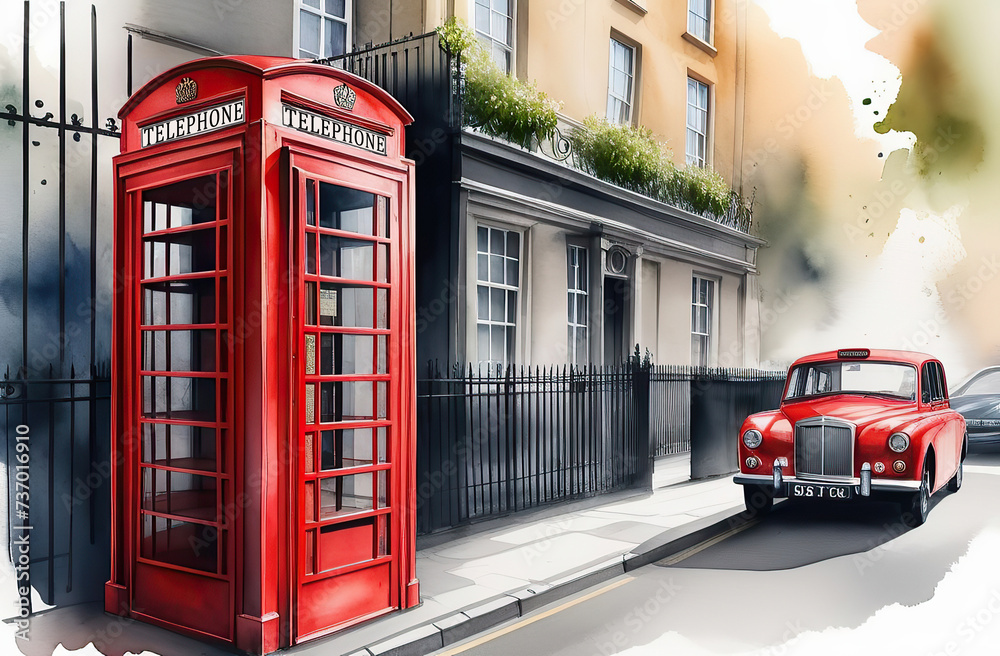 Beautiful watercolor illustration of red London telephone boxes in London, UK. Beautiful watercolor illustration of red London telephone boxes in London, UK.
