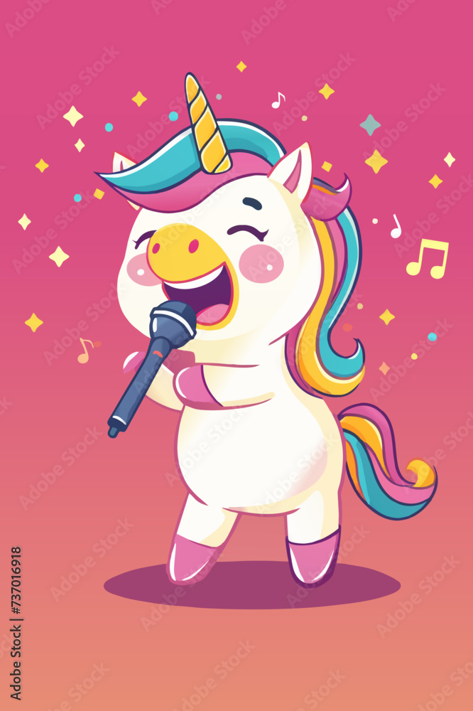 A colorful cartoon unicorn enthusiastically belting out a song into a microphone.