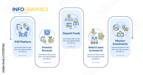 Lending for investors rectangle infographic template. P2P platform. Data visualization with 5 steps. Editable timeline info chart. Workflow layout with line icons. Lato-Bold, Regular fonts used