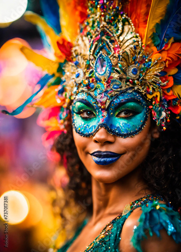 portrait of a woman in a mask at the Brazilian carnival. Selective focus. © Erik