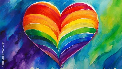 Abstract watercolor illustration of heart in rainbow colors, LGBT