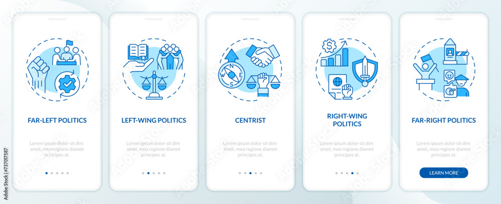 Political polarization blue onboarding mobile app screen. Walkthrough 5 steps editable graphic instructions with linear concepts. UI, UX, GUI template. Myriad Pro-Bold, Regular fonts used