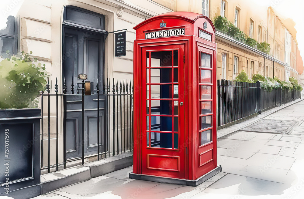 Beautiful watercolor illustration of red London telephone boxes in London, UK. Beautiful watercolor illustration of red London telephone boxes in London, UK.