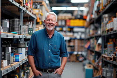 Smiling Caucasian middle-aged man in hardware warehouse, standing with hands in trouser pockets, surrounded by various hardware items
