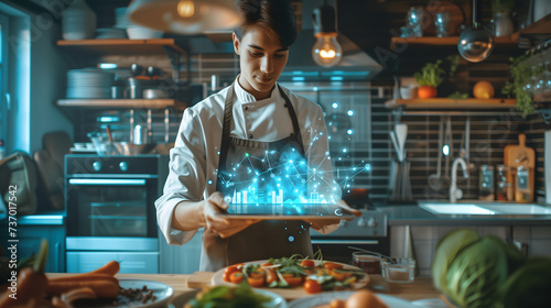 A close-up of a happy and smiling man wearing a chef uniform is preparing a meal and holding a tablet with virtual hologram graphic icons above  with a blurred kitchen background.