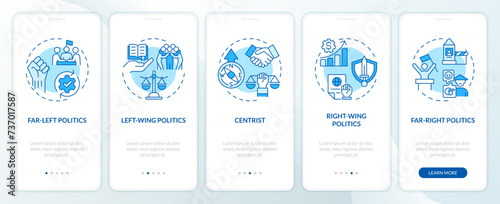 Political polarization blue onboarding mobile app screen. Walkthrough 5 steps editable graphic instructions with linear concepts. UI, UX, GUI template. Myriad Pro-Bold, Regular fonts used
