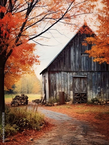 Rustic Barns in Fall Foliage: Farmhouse Autumn Serenity - Rustic Wall Decor