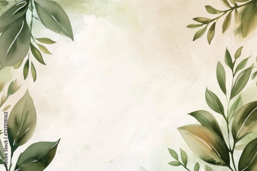 Watercolor painting of green leaves on beige background. Suitable for nature-themed designs and botanical illustrations Watercolor painting of green leaves on beige background. Suitable for nature-themed designs and botanical illustrations